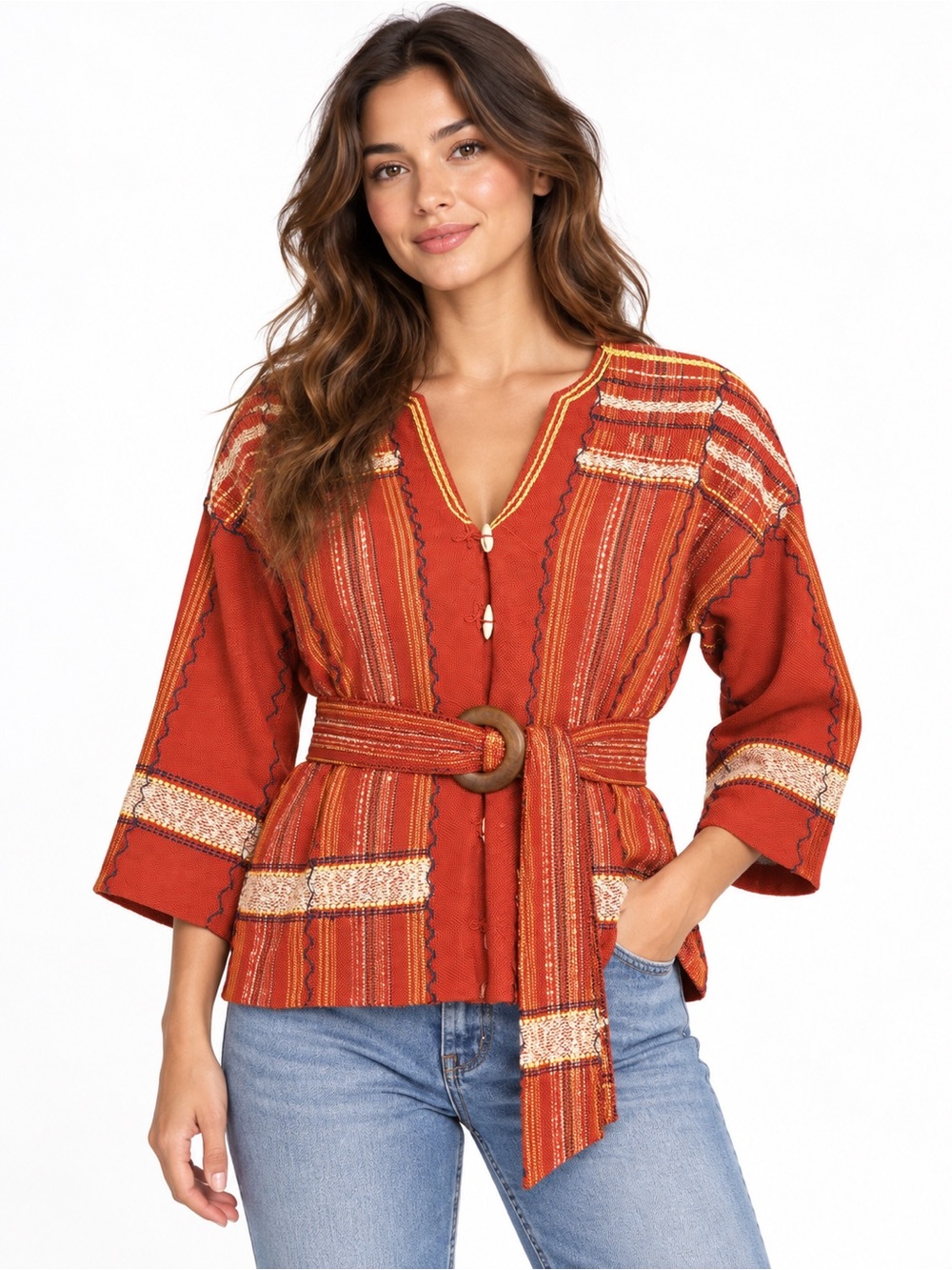 Boho Woven Rust Red Jacket with Matching Belt